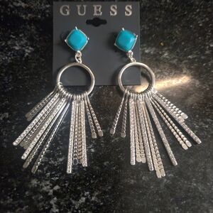 GUESS Silver-Tone Fringe Earrings with Turquoise Cabochon